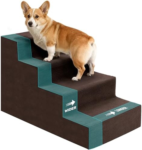 Dog Stairs for Bed, Extra Wide 4-Step Dog Steps for High Bed, High-Density Foam Pet Stairs with Non-Slip Removable Washable Cover for Small Pets, 18" H, Brown by Heeyoo