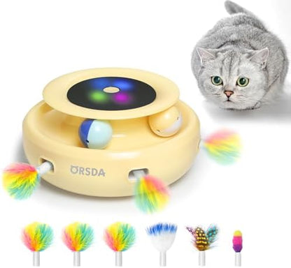 ORSDA Cat Toys 2-in-1 Interactive Cat Toys for Indoor Cats, Automatic Cat Toy Balls, Ambush Feather Kitten Toys with 6pcs Feathers, Dual Power Supplies, Adjustable Speed, Auto On/Off by ORSDA