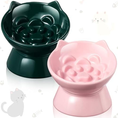 Funnymoom 2 Pcs Ceramic Raised Slow Feeder Cat Bowl, 5.91inch Elevated Cat Slow Feeder Bowl Tilted Anti Vomiting for Dry Wet Food and Water Easy to Clean High Edge(Dark Green, Pink) by Funnymoom