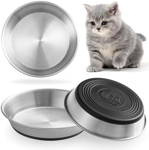 WROSWT Stainless Steel Cat Bowls,Whisker Friendly Shallow Cat Dishes for Food and Water,Non-Slip Silicone Bottom,Heavy Duty,Replacement Kitten Metal Plate for Elevated Stands,3 Pack by WROSWT