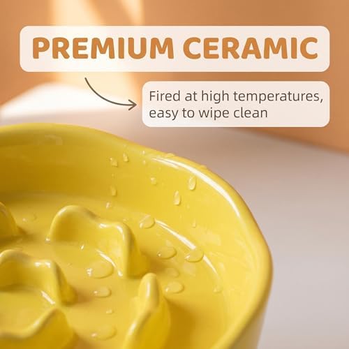 Vexilion Slow Food Pet Bowl, Ceramic, Yellow, Elevated Base Design, Prevent Pet from Too Fast - Image 2