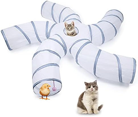 EGETOTA Cat Tunnel for Indoor Cats Large, with Play Ball S-Shape 5 Way Collapsible Interactive Peek Hole Pet Tube Toys, Puppy, Kitty, Kitten, Rabbit (White & Grey) by EGETOTA