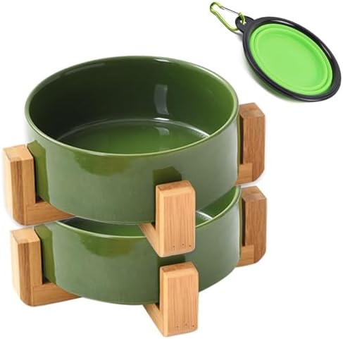 Petygooing Ceramic Dog Bowl Set with Stand, Cat & Dog Food and Water Bowls, Medium Size - Anti-Slip Set of 2 - 28 OZ /3.6 Cups - Rust Green by PetygooingforYOURLOVEDPET