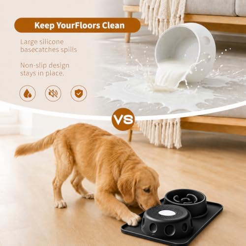 Slow Feeder Dog Bowl and Cat Water Bowl Set, 2 in 1 Pet Food and Water Bowl with Spill Proof Tray, Maze Puzzle Slow Eating Bowl for Cats and Dogs Black - Image 3