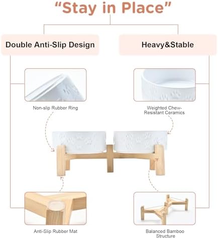 SPUNKYJUNKY Elevated Dog Bowls Ceramic, 5.1'' Dogs and Cat Food Water Bowls Raised with Non-Slip Bamboo Stand for Puppy Small Sized Breed Microwave Dishwasher Safe - 13.5 OZ,Paw White - Image 4