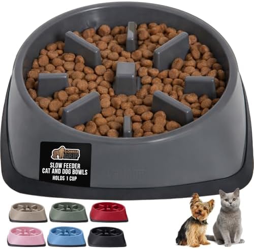 GORILLA GRIP® Patented Slow Feeder Dog and Cat Bowl, BPA Free, 1 Cup Gray by GorillaGrip