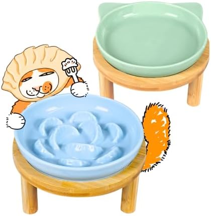 Slow Feeder Cat Bowls with Bamboo Stand, Ceramic Elevated Pet Food Plates for Cats and Small Dogs, Raised Non-Slip Feeder (Blue+Green/6.3") by Tafelf