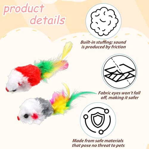 6 Pack Mouse Toys for Cats, Furry Rattle Interactive Mice Toys with Feather Tails Realistic Faux Fur Cat Mouse Toys for Indoor Cats & Kittens (6 Color) - Image 3