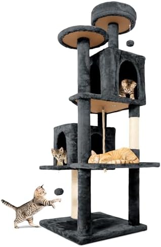 58.5inch Large Cat Tree Tower Condo for Indoor Cats, Soft Plush Multi-Level Climbing Tree Cat House with Cat Cave, Scratching Post, More Entrance/Exit, Sisal Rope, Deep Grey by TSCOMON