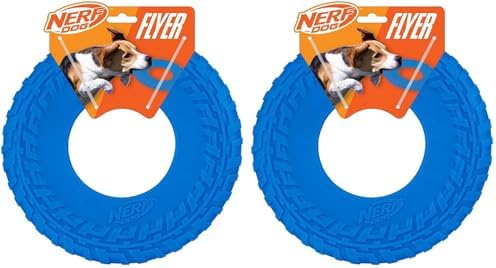 Nerf Dog Tire Flyer Outdoor Dog Toy, 10 Inch Flying Disc Dog Fetch Toy, Rubber Dog Toy for Medium Dogs and Large Dogs, Blue (Pack of 2) by GramercyProductsInc