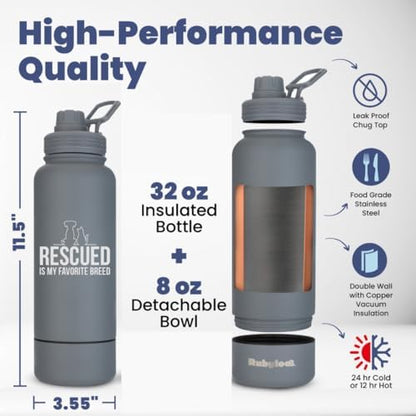 Rubyloo Dog Water Bottle w/Detachable Bowl for Dog Lovers, Favorite Rescue - Image 4