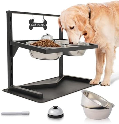 Grand Line Elevated Dog Bowls - 7 Height Adjustable, 10 Tilted Raised Stand With Spill Proof Mat, Two 1.5L Stainless Steel Food Water Bowls for Large Medium Small Dogs (15.4" H) by GrandLine
