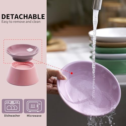 MS!MAKE SURE Cat Food Bowls Elevated - Ceramic Cat Water Bowls Whisker Friendly with Stand Tilted Non Slip Flat Detachable Anti Vomiting for Indoor Cats Pink Purple - Image 6