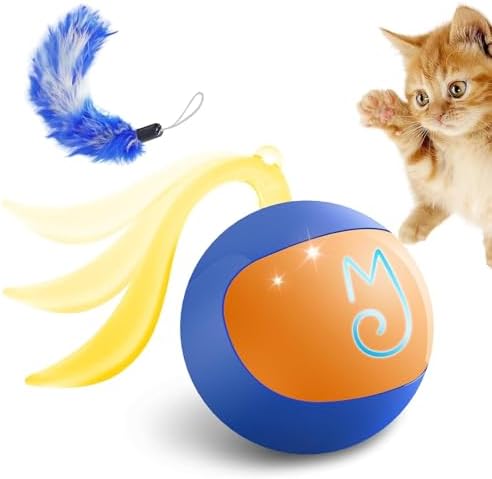 Migipaws 2-in-1 Interactive Cat Toy Ball – Paw Friendly Kicking Chasing Ball with Bonus Fluffy Tail for Indoor Cats Random Rolling Auto Escape Corners Tangle-Free Quiet USB Rechargeable (Blue) by MigipawsCreateMoreEnjoymenttoPetsandFamily