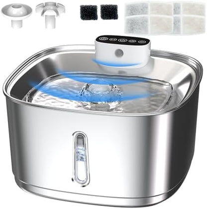 Cat Water Fountain Stainless Steel- 108oz/3.2L Pet Fountain with 4 Replacement Filters, Motion Sensor& 3 Working Modes, Cordless Automatic Dog Water Dispenser for Cats, Dogs, and Small Pets by QXQXIN