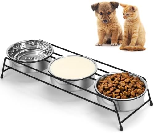 Raised Cat Bowls Triple Dog Cat Feeder Holders 3 Stainless Steel Elevated Pet Water Food Bowl for Cats Puppies Rabbits (3 Bowls) by IEBIYO