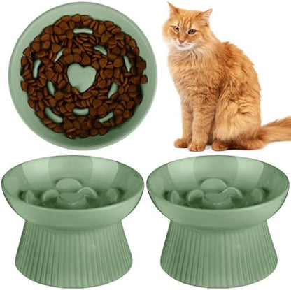Tioncy 2 Pcs Ceramic Elevated Slow Feeder Cat Bowl, Sage Green by Tioncy