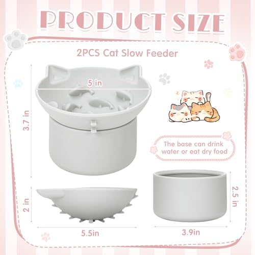 Funnymoom 2 Pack Silicone Cat Slow Feeder, Elevated Slow Feeder Cat Bowl for Dry and Wet Food, Tilted Design with Non Slip Base, Adjustable Angle for Pet(Gray and Pink) - Image 2
