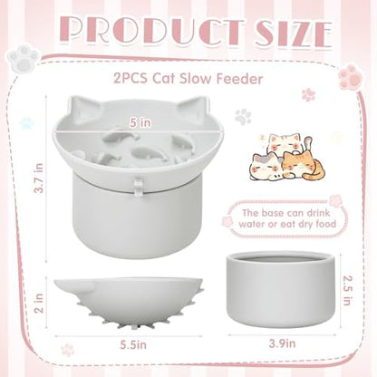 Funnymoom 2 Pack Silicone Cat Slow Feeder, Elevated Slow Feeder Cat Bowl for Dry and Wet Food, Tilted Design with Non Slip Base, Adjustable Angle for Pet(Gray and Pink) - Image 2