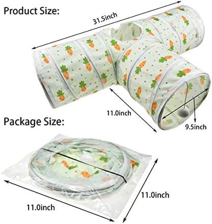 Bunny Rabbit Tunnels Rabbit Cat 3 Way Collapsible Tunnel with Cute Carrot Patterns Small Pet Hideout Activity Tunnel Tube Toy for Bunny Kitten Cat Dwarf Guinea Pig T Shape - Image 2