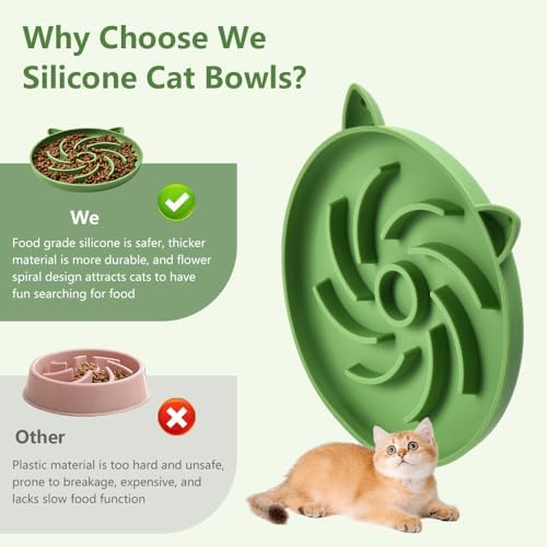2Pcs Silicone Slow Feeder Cat Bowl,Puzzle Feeder,Interactive Toys,Slow Feeding cat Bowl Suitable for All Dry and Wet Foods,Easy to Clean Silicone Bowls(Blue and Green) - Image 2