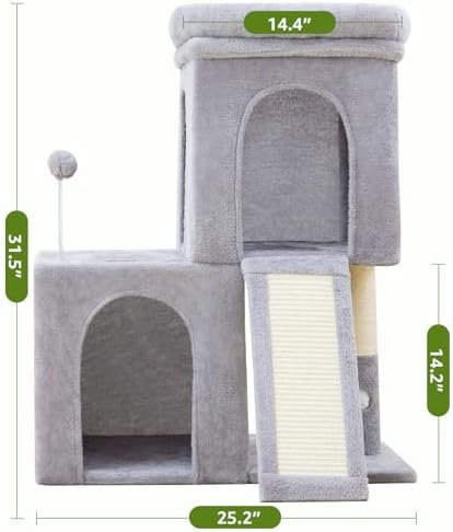 Woochpet 32inch Tall Cat Tree with 2 cat condo for Adult Cats Cozy Cat Tower with Scratching Post and Scrather Board for Cats of Different Ages.（Light Grey） - Image 3