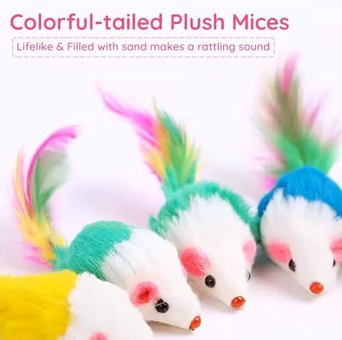 Cat Toys, 6 Pack Furry Rattle Mouse Toy Interactive Cat Toy with Feather Tail, 6 Assorted Faux Fur Kitten Toy 5.5” Realistic Size Mini Mice Cat Toy for Bored Indoor Adult Cat - Image 2