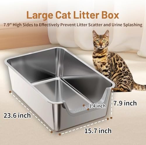 Stainless Steel Cat Litter Box, Steel Litter Pan with Curved Low Entry, Leak Proof 6 Inch High Side for Urine, Easy Entry for Kittens Older Cats, No Slip, 23.6" x 15.7" x 7.9", Grey - Image 2