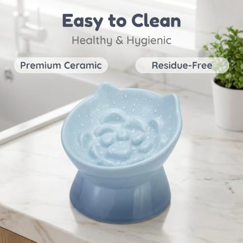 3Pcs Ceramic Cat Slow Feeder with Spoon, Raised Slow Feeder Cat Bowl, Raised Puzzle Feeder, Elevated Food Bowl, Anti Vomiting and Whisker Friendly, Non-Toxic (Blue) - Image 6
