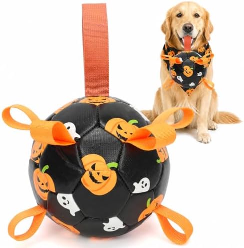 Dog Toys Balls, Dog Soccer Ball with Straps, Dog Birthday Gifts, Durable Balls for Small Medium Pet, Puppy Outdoor Toy, Pet Training Soccer Ball, World Cup Soccer (7.25 Inch) (Ghost, Large) by Unknown