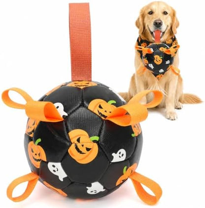 Dog Toys Balls, Dog Soccer Ball with Straps, Dog Birthday Gifts, Durable Balls for Small Medium Pet, Puppy Outdoor Toy, Pet Training Soccer Ball, World Cup Soccer (7.25 Inch) (Ghost, Large) by Unknown