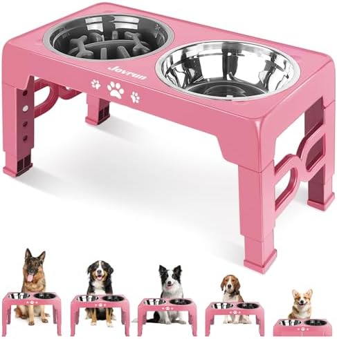 Jovrun Elevated Dog Bowls for Medium Large Size Dogs, Non-Slip Dog Feeder with 1*Stainless Steel Dishes & 1*Slow Feeder Bowl, 5 Heights Adjustable Raised Bowls to 3.15″-8.66″-9.84″-11.02″-12.2″ by Jovrun