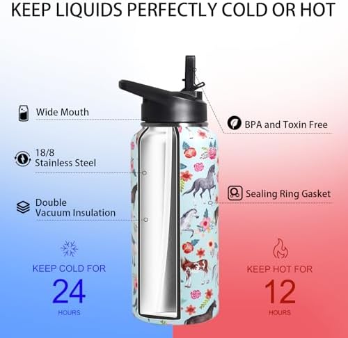 32oz Horse Stainless Insulated Aater Water Bottle with Straw,Horse Gym Hiking Sports Coffee Mug Cup Water Bottles,Horse Gifts for Women,Horse Decor Stuff Accessories - Image 4