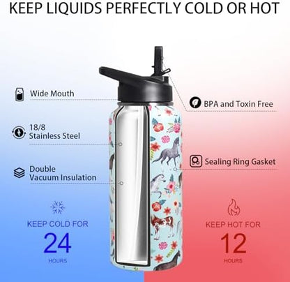 32oz Horse Stainless Insulated Aater Water Bottle with Straw,Horse Gym Hiking Sports Coffee Mug Cup Water Bottles,Horse Gifts for Women,Horse Decor Stuff Accessories - Image 4