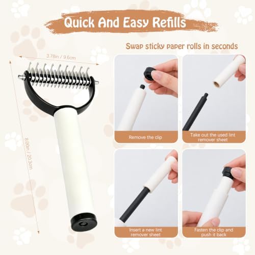 2-in-1 Dog Dematting Tool & Deshedding Comb with Built-in Lint Roller | Undercoat Rake for Loose Fur, Mats & Stubborn Knots, Cat Mat Remover with 2 Extra Refill Rolls - Image 6