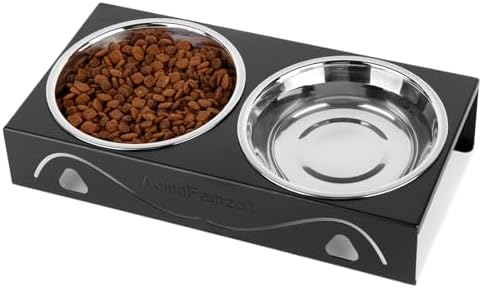 All-Metal Cat Food Bowl Raised, 5.5" WideTilted Whisker-Fatigue Pet Dish, Anti-Vomiting, 2 Stainless Steel Bowls for Food Water, Non-Slip Elevated Cat Feeding Stand for Indoor Multi Cats,Puppy, Black by Aomafamzoy
