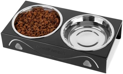 All-Metal Cat Food Bowl Raised, 5.5" WideTilted Whisker-Fatigue Pet Dish, Anti-Vomiting, 2 Stainless Steel Bowls for Food Water, Non-Slip Elevated Cat Feeding Stand for Indoor Multi Cats,Puppy, Black by Aomafamzoy