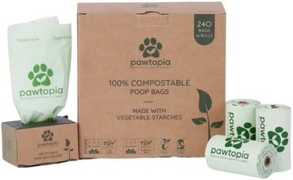 Pawtria Home Compostable Dog Poop Bags (240) with Paper Poop Bag Dispenser by Pawtopia