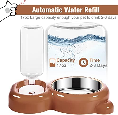 Dog Bowls, Cat Food and Water Bowl Set with Water Dispenser and Stainless Steel Bowl for Cats and Small Dogs - Brown - Image 2