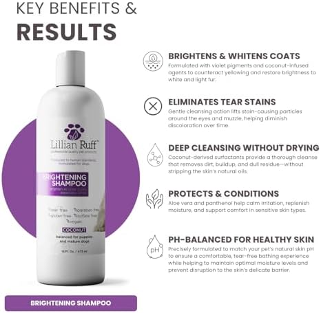 Lillian Ruff PRO Formula Ultra Brightening Dog Shampoo - Professional Whitening & Long-Lasting Odor Eliminator - Removes Stains & Discoloration, Dry Skin & Itch Relief with Aloe & Provitamin B5 (16oz) - Image 3