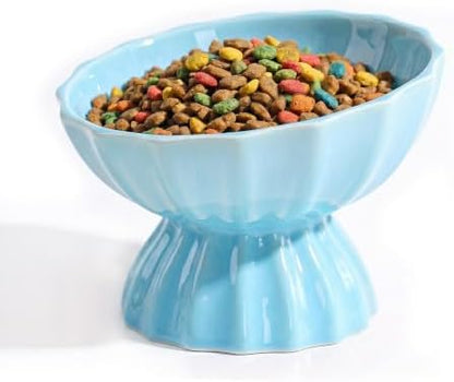Lotus Ceramic Elevated Cat Bowl, 15° Tilted Raised Cat Dish for Food and Water, 6.1" Extra Wide Whisker-Friendly Shallow Bowl, One-Piece Anti-Vomiting Pet Feeder for Cats and Small Dogs (Blue) by AIYICIII