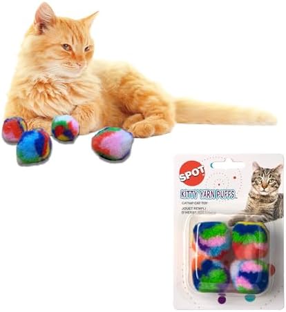 Ethical SPOT Kitty Yarn Puffs Colorful Woolen Yarn Cat Toy Contains Catnip 1.5" Pack of 4 Pet by SPOT