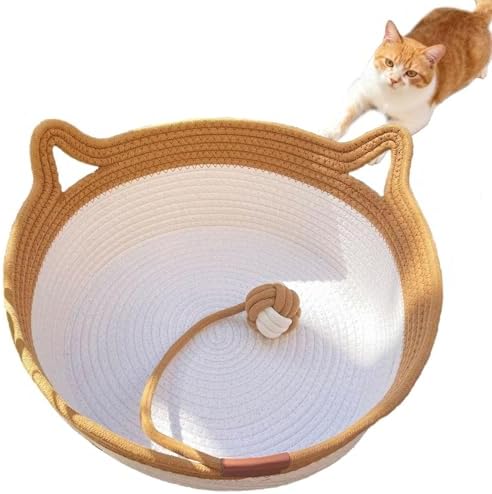 Instinct Basket, Stimuli Handwoven cat Basket Rope Cotton Eliminates Bed Rejection Round Pet Basket, Boho Catbed for Cats Handwoven Scratchable Breathable Weave (Small) by FHKPET