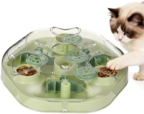 Interactive Cat Puzzle Feeder, Slow Feeder Cat Treat Puzzle, Food Dispensing Stimulation Toy with Detachable Lid, 2 Adjustable Difficulty Modes for Kittens Mental Stimulation (Green) by Unknown