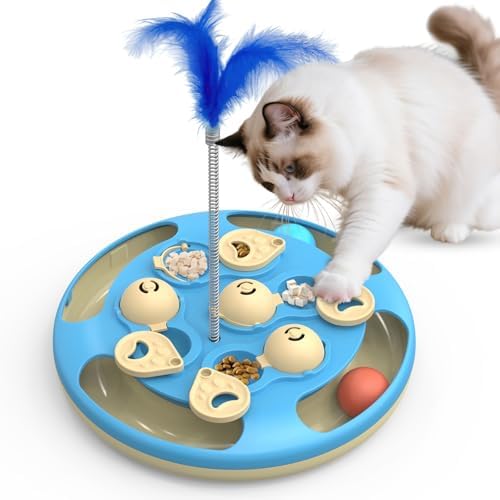 3 in 1 Cat Treat Puzzle Feeder, Level 3 Interactive Cat Puzzle Toy with Track Balls, Feather Teaser & Slow Feeder Insert, Non-Slip Base, Mental Stimulation for Bored Indoor Cats, Blue by CGBD