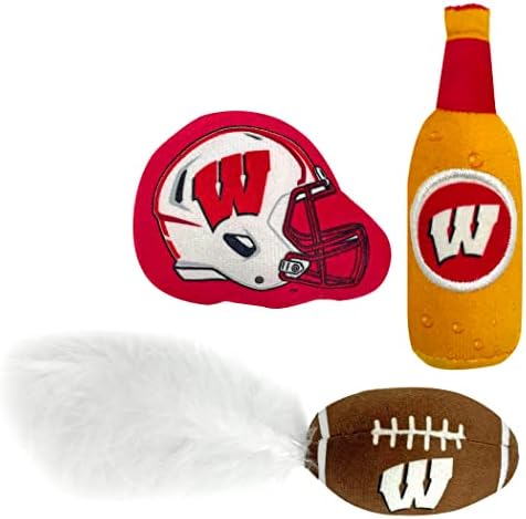 BEST PLUSH CAT TOY - NCAA WISCONSIN BADGERS Complete Set of 3 piece Cat Toys filled with Fresh Catnip. Includes: 1 Helmet Cat Toy, 1 Football Cat Toy with Feathers & 1 Beer Bottle. Beautiful Team LOGO - Image 6
