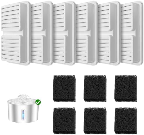 Replacement Filter for BalimoPet Cat Water Fountain - 6 Packs Pet Water Bowl Filters - 6 Filters & 6 Sponges Set Stainless Steel Cats Water Dispenser - Activated Carbon Foam Filtered Refill by CatWaterFountain