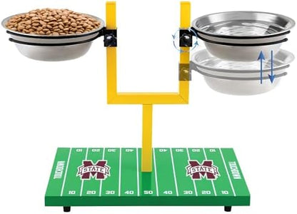 NCAA Mississippi State Bulldogs Goalpost Football Field Dog Feeder – Adjustable Elevated Dog Bowls with Stand, 2 Stainless Steel Bowls, Non-Slip Rubber Feet, Raised Pet Feeder for Large & Small Dogs by PETSFIRST