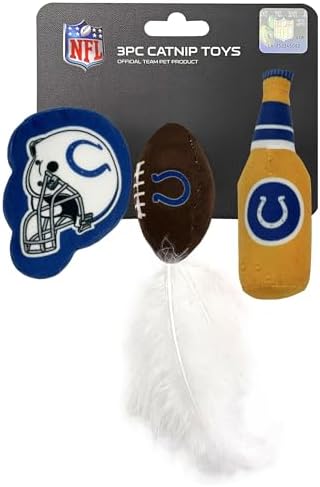 Pets First Best Plush CAT Toy - NFL Indianapolis Colts Complete Set of 3 Piece Cat Toys Filled with Fresh Catnip. Includes: 1 Helmet Cat Toy, 1 Football Cat Toy with Feathers & 1 Beer Bottle by PETSFIRST