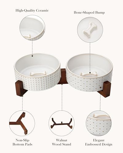 MALACASA Dog Bowl Set, Ceramic Bowls with Walnut Wood Stand, 4 Cups - Image 5